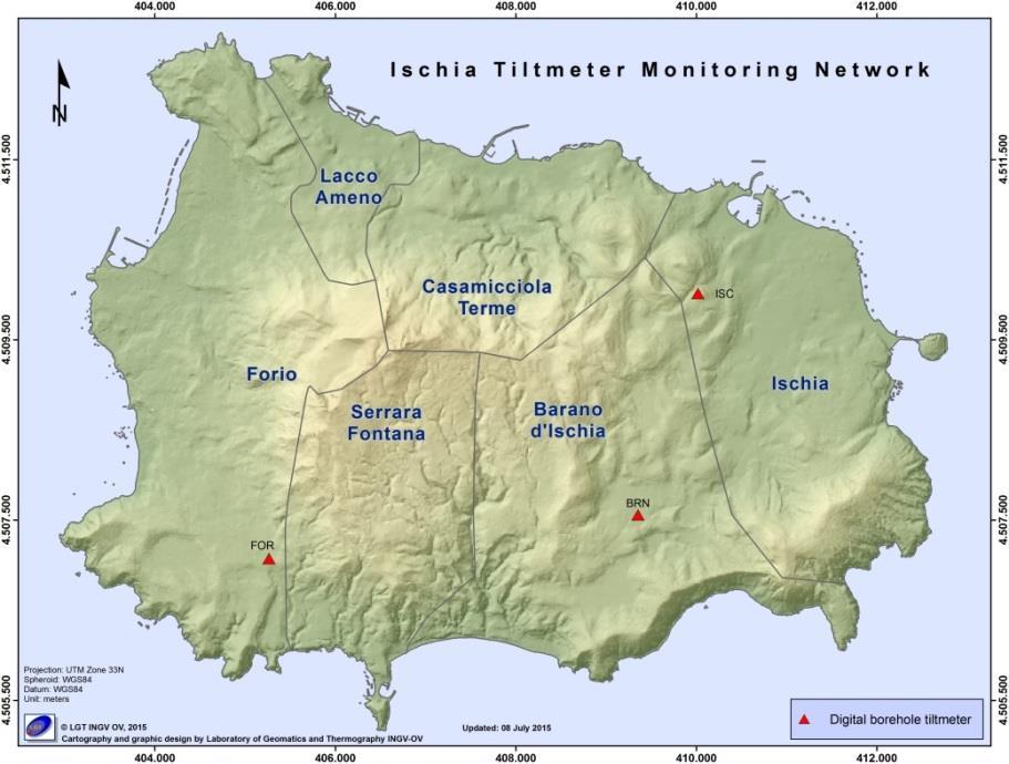 2.2 Tiltmetria La Rete di Monitoraggio delle inclinazioni del suolo dell Isola di Ischia consiste di 3 stazioni equipaggiate con sensori digitali da pozzo (ISC, BRN, FOR, installati a 25 m di