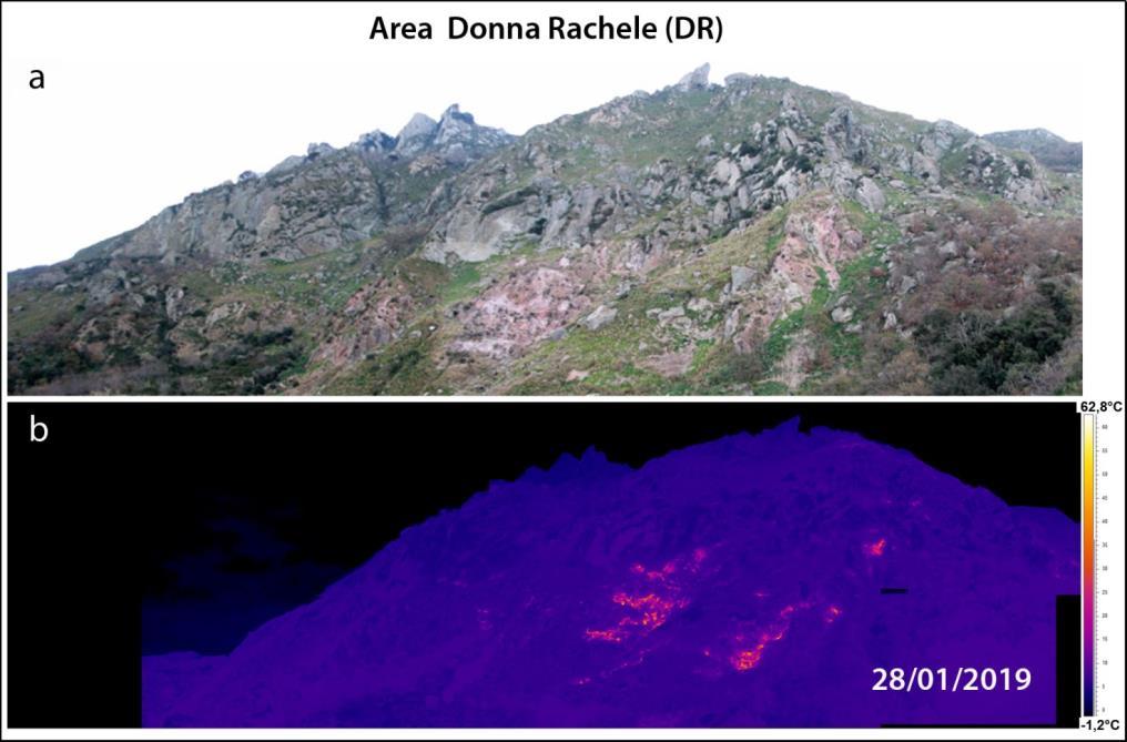Figura 3.2 - Versante in località Donna Rachele a Ischia. Fotocomposizione di immagini nel visibile (a) e delle corrispondenti immagini termiche relative al 28/01/2019 (b). S. Angelo A S.