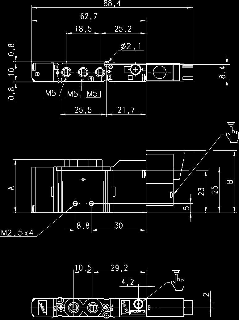 Portata 1-3-5-4 bar Nl/min E51-16-10-K10 9 M5 M5 /7 00 E5C-16-10-K10 37,5 M5 Ø4 /7 00 Valvola a comando elettropneumatico bistabile - passo