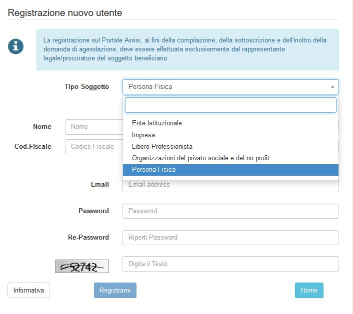 Per procedere alla registrazione, dalla pagina di log-in bisogna cliccare su Registrati : Verrà mostrata una schermata di inserimento dei dati anagrafici del soggetto che vuole registrarsi.