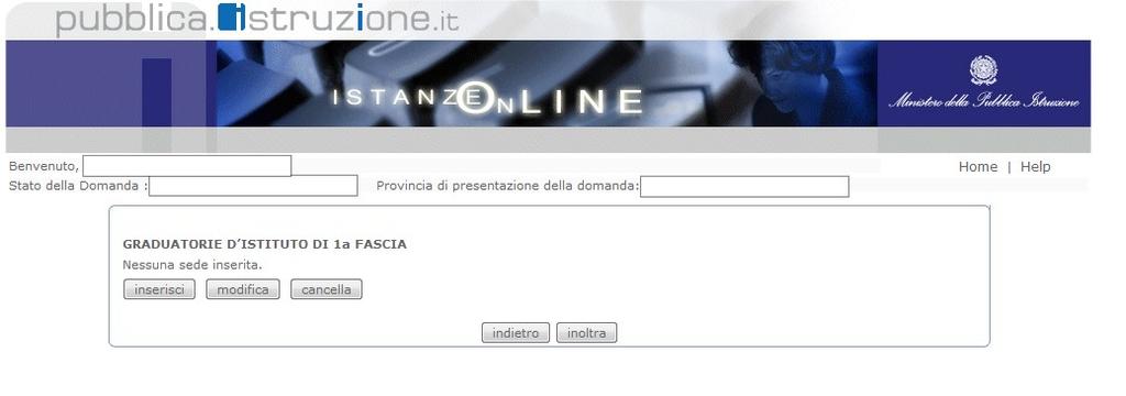 4.5 SCELTA ISTITUZIONI SCOLASTICHE Dopo la visualizzazione dei dati anagrafici e dei dati di recapito la funzione consente all aspirante di effettuare la scelta delle preferenze di sede per le