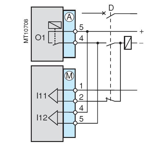4) Cablaggio per bobina a "lancio di corrente". Con controllo del circuito di apertura e della complementarietà aperto/chiuso.