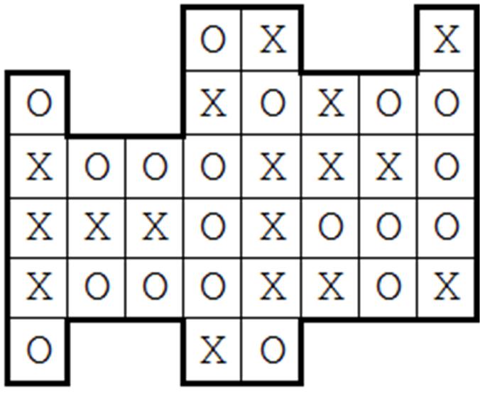 FOURBIDDEN: Inserite in ogni casella vuota una X oppure una O, in modo che non ci siano mai quattro simboli