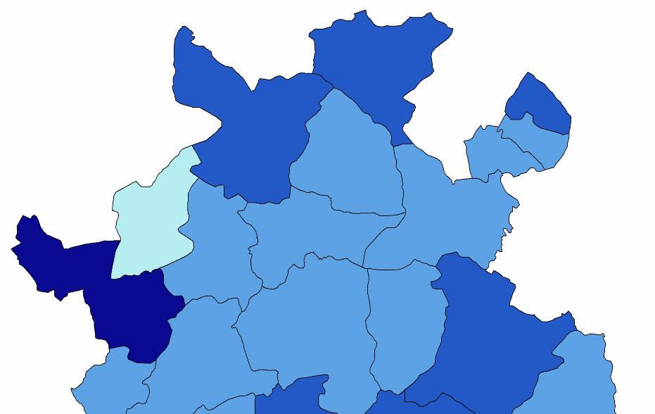 Figura 1 - Densità abitativa in Comunità Montana Oltrepo Pavese, distribuzione per Comune. (Fonte: ISTAT, 2003. Elaborazione Punto Energia, ).