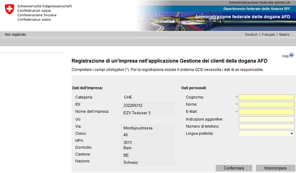 Concludere l autoregistrazione nella GCD Per poter lavorare con l applicazione GCD è necessario registrarsi con il proprio numero d identificazione delle imprese (IDI).