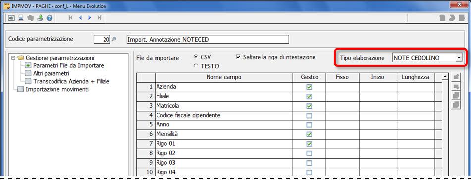 Nella sezione Parametri file da importare devono essere definite le informazioni che dovranno essere prelevate dal file di importazione.