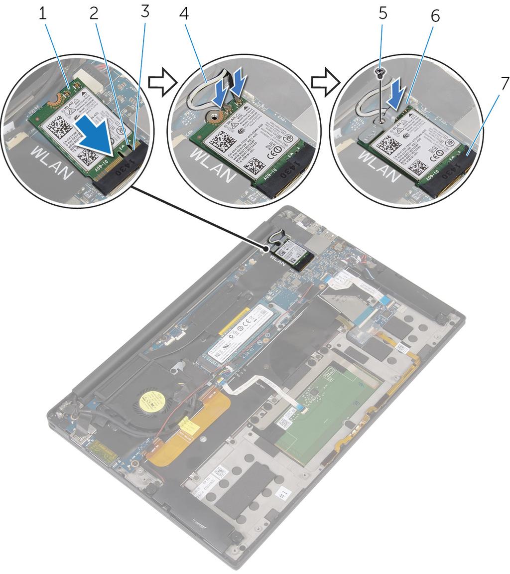 6 Ricollocare la vite (M2x3) che fissa la staffa della scheda senza fili alla scheda di sistema. Figura 8. Ricollocamento della scheda per reti senza fili.