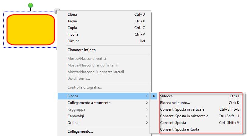 Blocca nel punto impedisce sia lo spostamento che la modifica Consenti Sposta permette esclusivamente lo spostamento dell'oggetto Consenti Sposta e Ruota permette lo spostamento e la rotazione