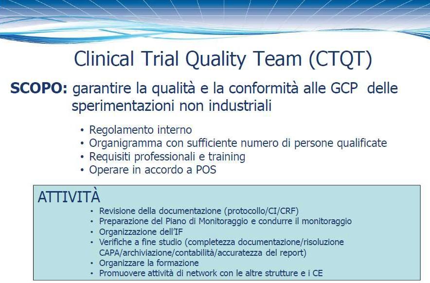 Per condurre sperimentazioni di Fase I ai fini non industriali al fine di ottemperare ai requisiti della Determina, la Struttura deve dotarsi di un Team per la Qualità delle Sperimentazioni