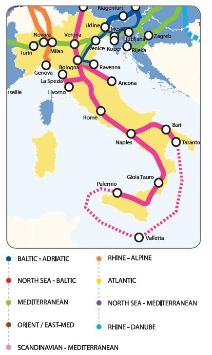 Spezia, Livorno, Napoli, Palermo, Ravenna, Taranto, Trieste e Venezia), 5 porti fluviali (Cremona, Mantova, Ravenna, Trieste e Venezia) e 15 interporti: Jesi (Ancona), Marcianise (Napoli), Nola,