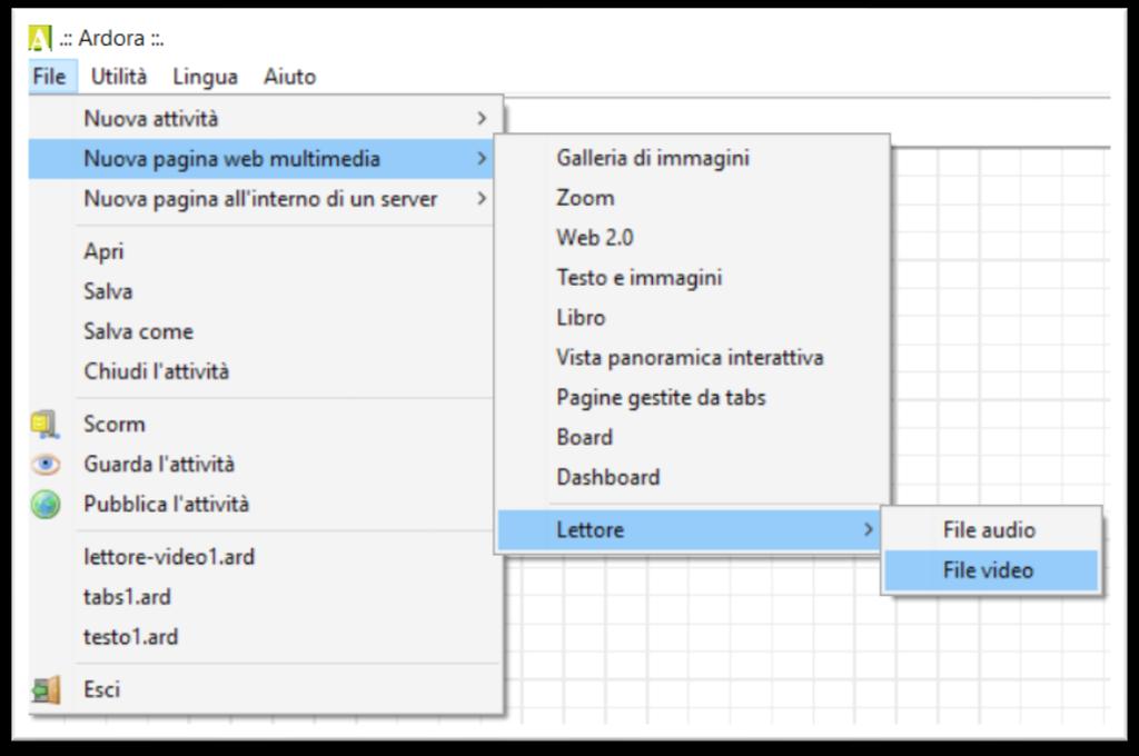 Lettore File video è una che si crea accedendo al seguente menù: File > Nuova pagina web multimedia > Lettore > File video (figura ).