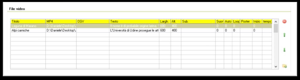 Una volta inseriti tutti i dati, la tabella riporterà l elenco di tutte le tracce video