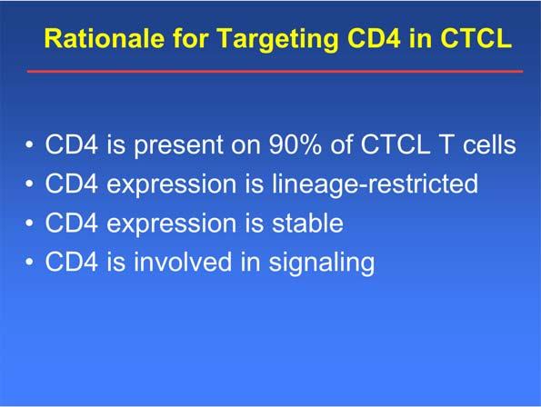 Rationale for Targeting CD4 in CTCL CD4 is present on 90% of CTCL T cells CD4