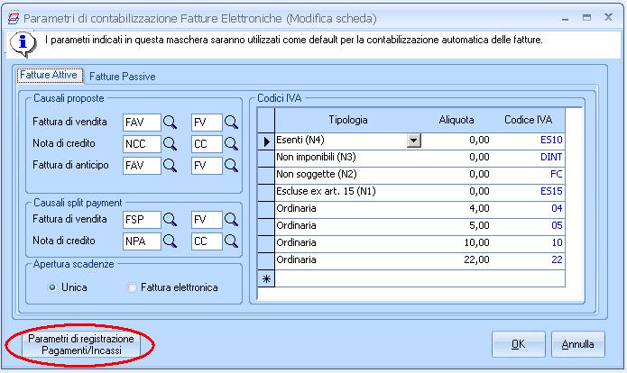 oppure, in modo alternativo, dai Parametri della Procedura Pagamenti/Incassi.