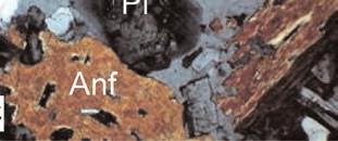 A: Olivina; B: Granato con tessitura ad atollo ; C: diopside contornato da vetro (colore marrone). Fig. 1.6.