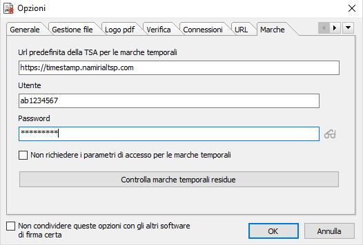 Figura 6: Opzioni Configurazione Marche N.B : Cliccando sull icona a fianco del campo Password è possibile visualizzare in chiaro la password che si sta inserendo.