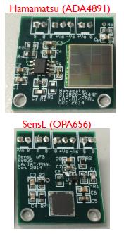 SiPM readout boards in LArIAT SiPM readout boards prodotte: SensL MicroFB 60035 single channel SiPM con OPA656 opamp, Hamamatsu S11828-3344M 4x4 SiPM array con ADA4891 opamp, Hamamatsu S11828-3344M