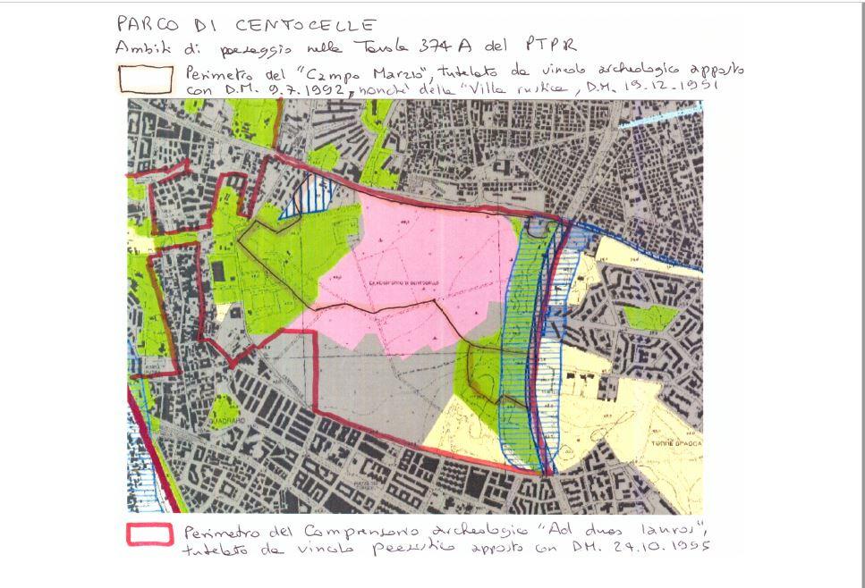 viene riportato il perimetro dei vincoli archeologici Campo Marzio D.M. 9.7.1992 e Villa rustica D.M. 19.12.