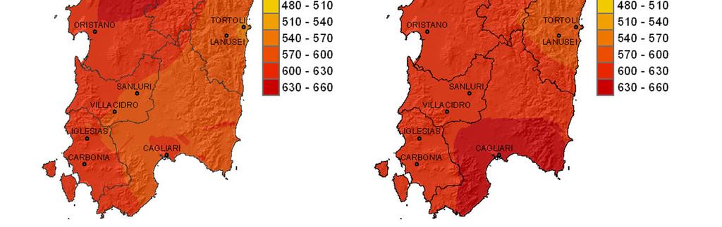 Radiazione ed eliofania La radiazione del mese risulta inferiore a 500 MJ/m2 nella parte più settentrionale della Sardegna e superiore a quella soglia, con punte sino a 600 MJ/m2, sul resto dell