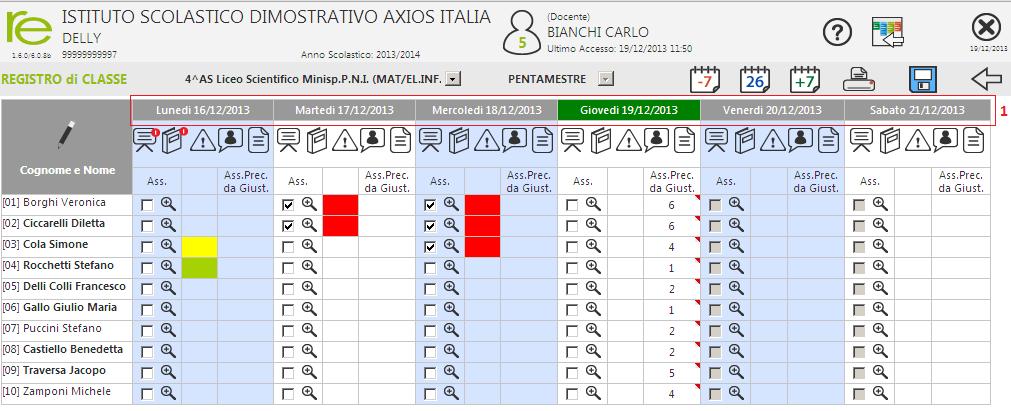 Visualizzazione Settimanale La visualizzazione settimanale del registro di classe è stata ideata per consentire ai Docenti di avere sempre disponibile una visione di assieme più completa dello stato