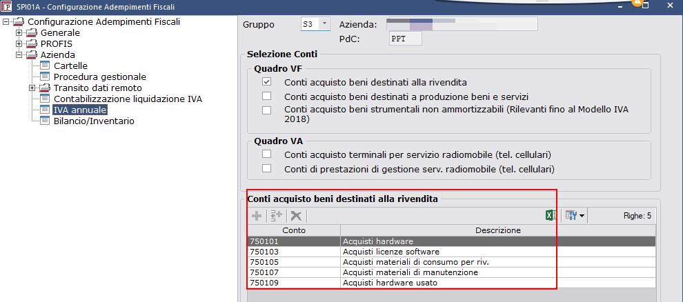 Nella videata selezionare una per una le varie sezioni, e per ognuna inserire i relativi conti di costo utilizzati dalla ditta nell esercizio.