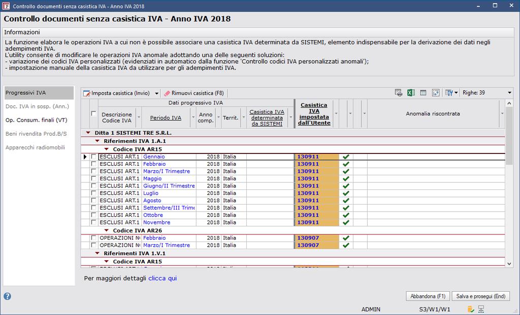 Al termine delle modifiche la videata deve presentare le spunte verdi su tutti i righi: Selezionare la sezione Op. Consum.