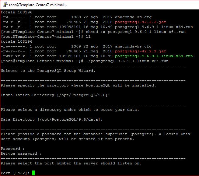 Rendere eseguibile il file di installazione con il seguente comando: chmod +x postgresql-version-linux-arch.run Eseguibile il file di installazione con il seguente comando:.
