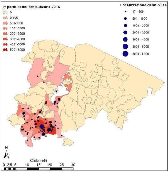 tavola 1.15: danni da cervo in Provincia di Bologna nel 2016 importi totali per subzona e georeferenziazione dei danni Provincia di Pistoia Di seguito, nella tabella 1.