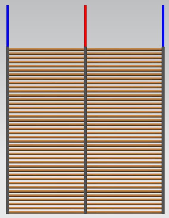 5 La piastra riscaldante, è formata da tubi in rame posizionati parallelamente tra loro, collegati insieme per mezzo di serbatoi verticali (riquadrati in azzurro).