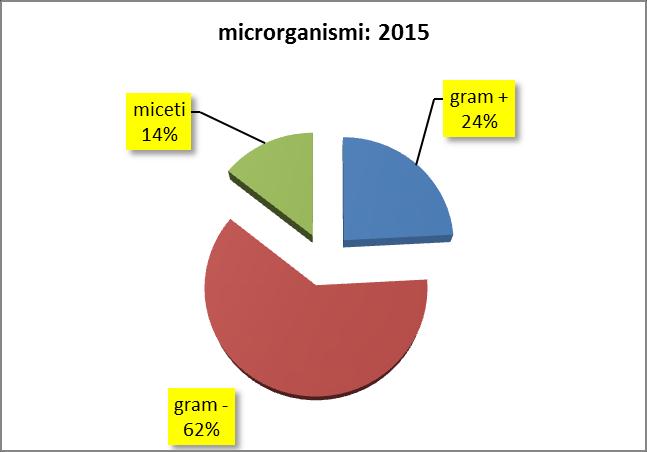 Pagina 13 di 46 Flora microbica ospedaliera: anno 2015 8 Nel 2015 si è osservata la seguente ripartizione delle specie microbiche implicate nei principali episodi infettivi (vedi anche grafico a
