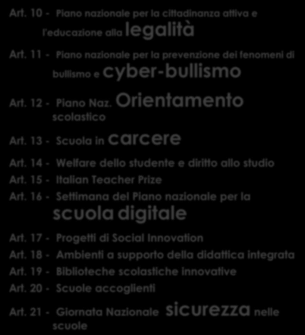 14 - Welfare dello studente e diritto allo studio Art. 15 - Italian Teacher Prize Art.