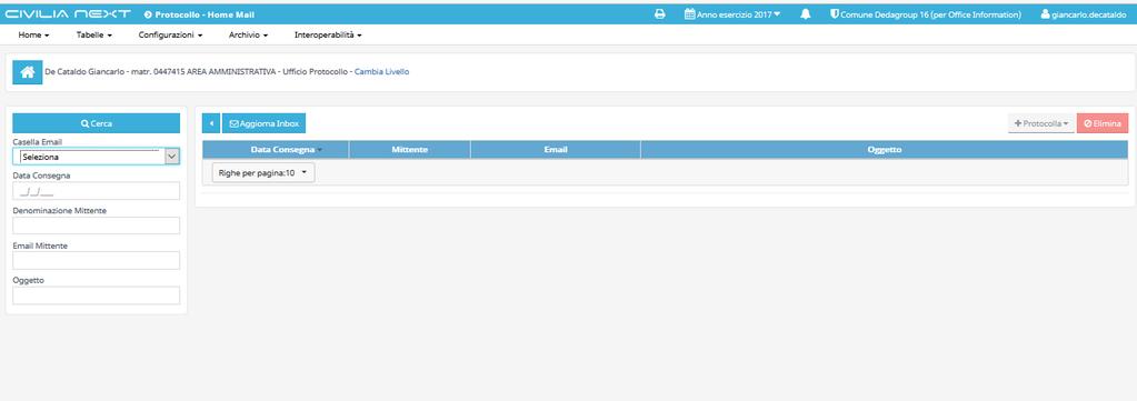 Pagina 9 di 10 RICEZIONE PEC La procedura di Protocollo Informatico prevede anche la gestione e la protocollazione della Posta Elettronica Certificata dell Ente.