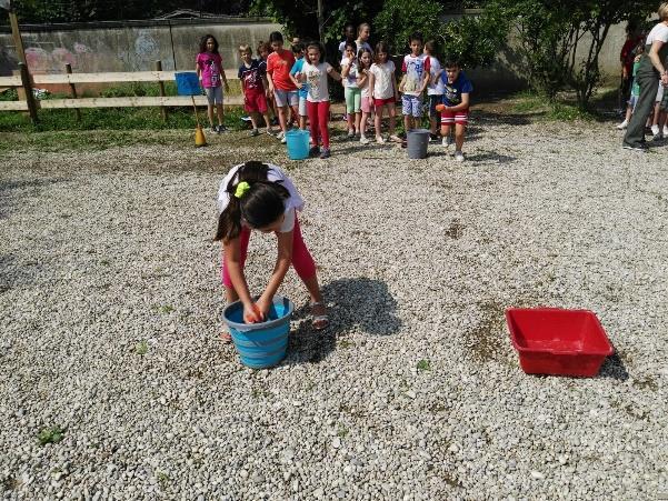 9 gioco La spugna Occorrente: 2 secchi pieni d acqua e 2 in fondo al tragitto vuoti, 2 spugnette. Svolgimento: i bambini vengono divisi in due squadre e vengono messi in fila indiana.