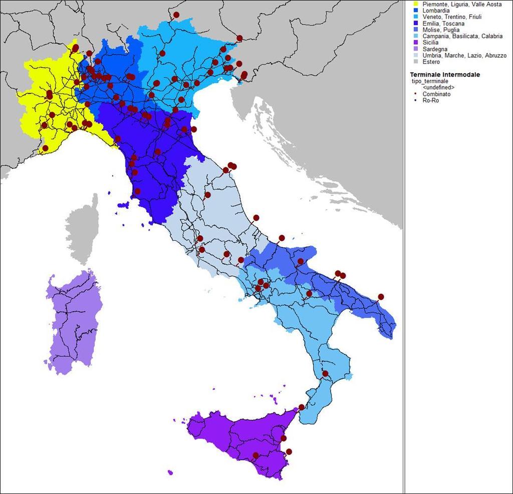 Offerta infrastrutture Trasporto combinato - terminali intermodali nazionali Macro Regione N Terminali Terminali (%) PIEMONTE 13 15% M1 LIGURIA 7 8% VALLE D'AOSTA 0 0% totale 20 23% M2 LOMBARDIA 12