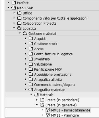 CREAZIONE ANAGRAFICA MATERIALE (TRANSAZIONE MM01) Percorso: Menù SAP > Logistica >