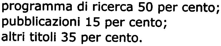 I criteri di valutazione della Commissione sono determinati, ai fini della valutazione globale, nella rilevanza percentuale delle seguenti voci come appresso indicato: programma di ricerca 50 per