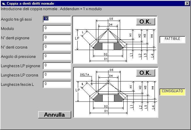 Menù "Dentatura diritta" Opzione 1: Dentatura normale Dentatura normale Finestra di input dati. L opzione FATTIBILE prevede che il semi angolo esterno venga tornito convergente al vertice.