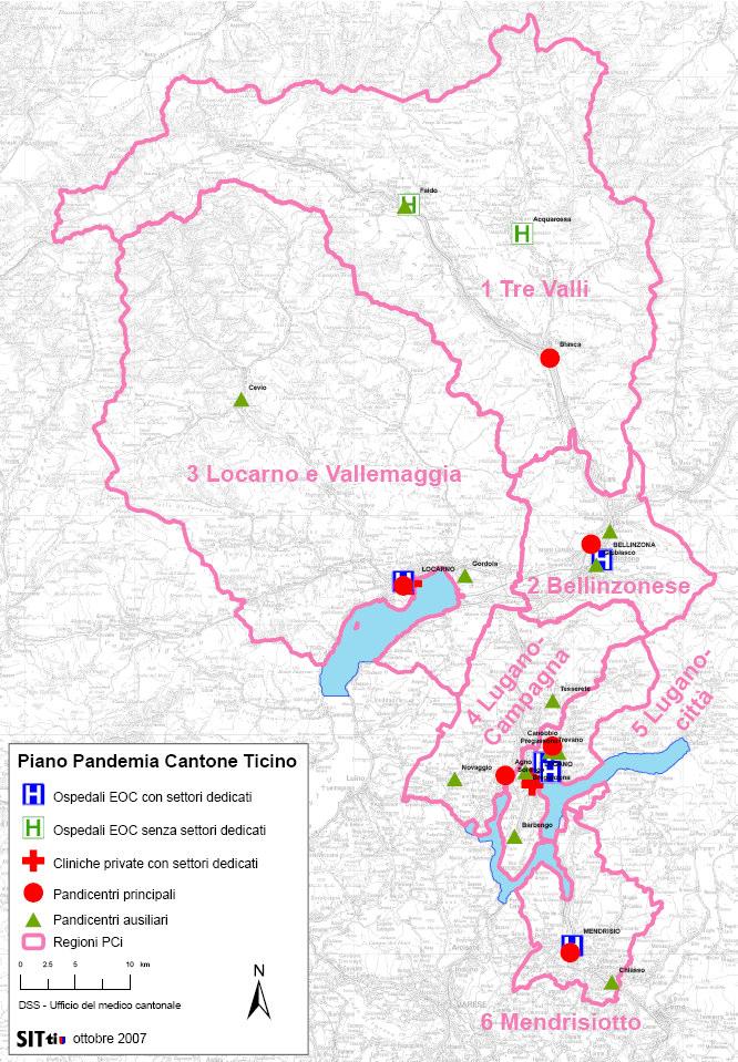 6 settori operativi (6 regioni di PCi) ca. Ospedali EOC ca.