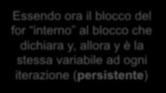 Visibilità C/: osservazioni (2/3) La visibilità di un oggetto inizia dalla sua dichiarazione, sino alla chiusura del blocco sequenziale che lo contiene (per le variabili locali), o del file sorgente