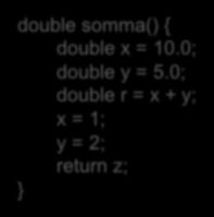 double somma(double x, double y) { double r = x + y;; x = 1;; y = 2;; return r;; double