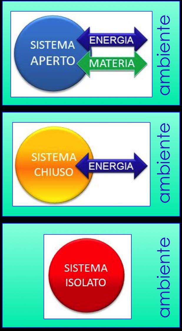 Un sistema si dice: q aperto: quando l'interazione con l'ambiente esterno implica uno scambio di materia e energia; q chiuso: quando attraverso la