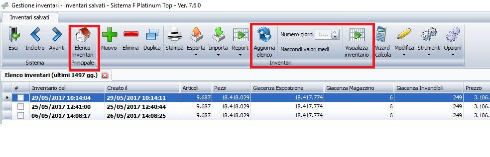 14. A cosa servono le voci di menu: Elenco inventari, Aggiorna elenco, numero giorni, Nascondi valori medi e Visualizza inventario?