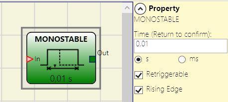 In Rising edge T T T Out If not selected the logic is inverted, the output is set to 0 (FALSE) on the input signal's falling