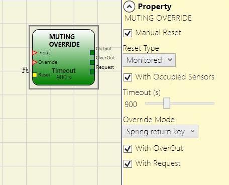 Override ends when the light curtain and sensors are cleared and the Output switches to logical "0" (FALSE). Override can be set to pulsed or maintained action mode.