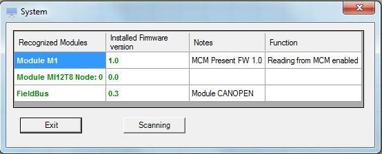 Figure 47 If the modules found are not correct the following window will appear; e.g. MI12T8 node number not correct (displayed in red color text).