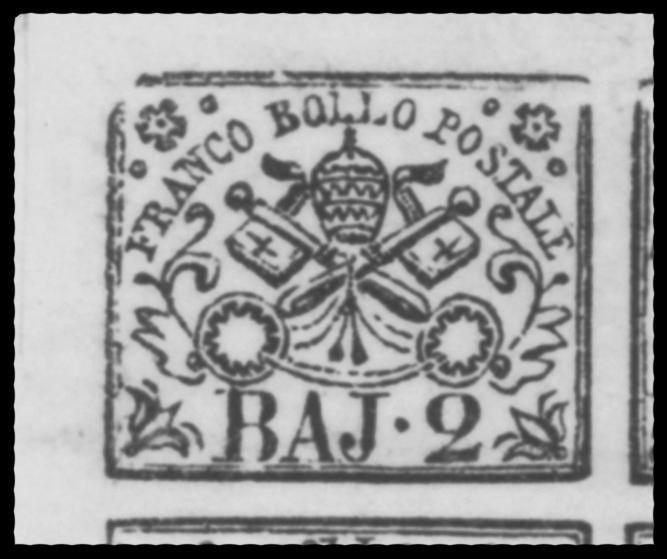 21 settembre 1867 SECONDA EMISSIONE Soggetto: triregno e chiavi decussate entro ornati e cornici diverse. Stampa: tipografica in nero. Fogli: 64 es. (4 x 16) con interspazi.