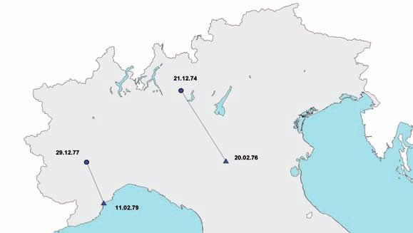 Ricatture nazionali di individui inanellati e ricatturati in Italia entro lo stesso periodo invernale (n = 7). Movements of birds ringed and recovered in Italy within the same winter.