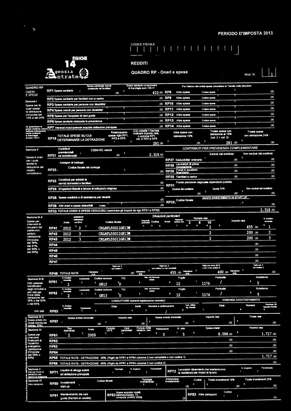 PERODO DMPOSTA 013 CODCE FSCALE J[JJJ L_LJJJ [] FS4E 4 geda1a ntr ate REDDT QUADRO RP Oner e spese Mod. N.