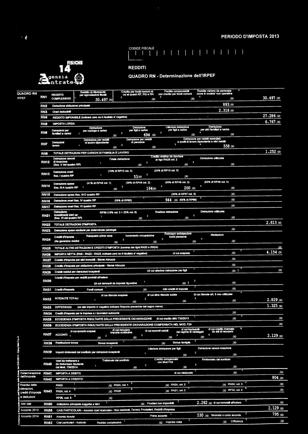 PERODO DMPOSTA 013 CODCE FSCALE jl1 LLLJ _J 1L L REDDT QUADRO RN Determnazone de RPEF UADR0 RN Reddto d rfermento Credto per fond comun d Perdte compensabl Reddto momo da partecpa.