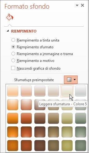 NOTA: Per usare un colore di sfondo un colore non incluso nei colori tema, fare clic su Altri colori e quindi selezionare un colore nella scheda Standard oppure creare un colore personalizzato nella